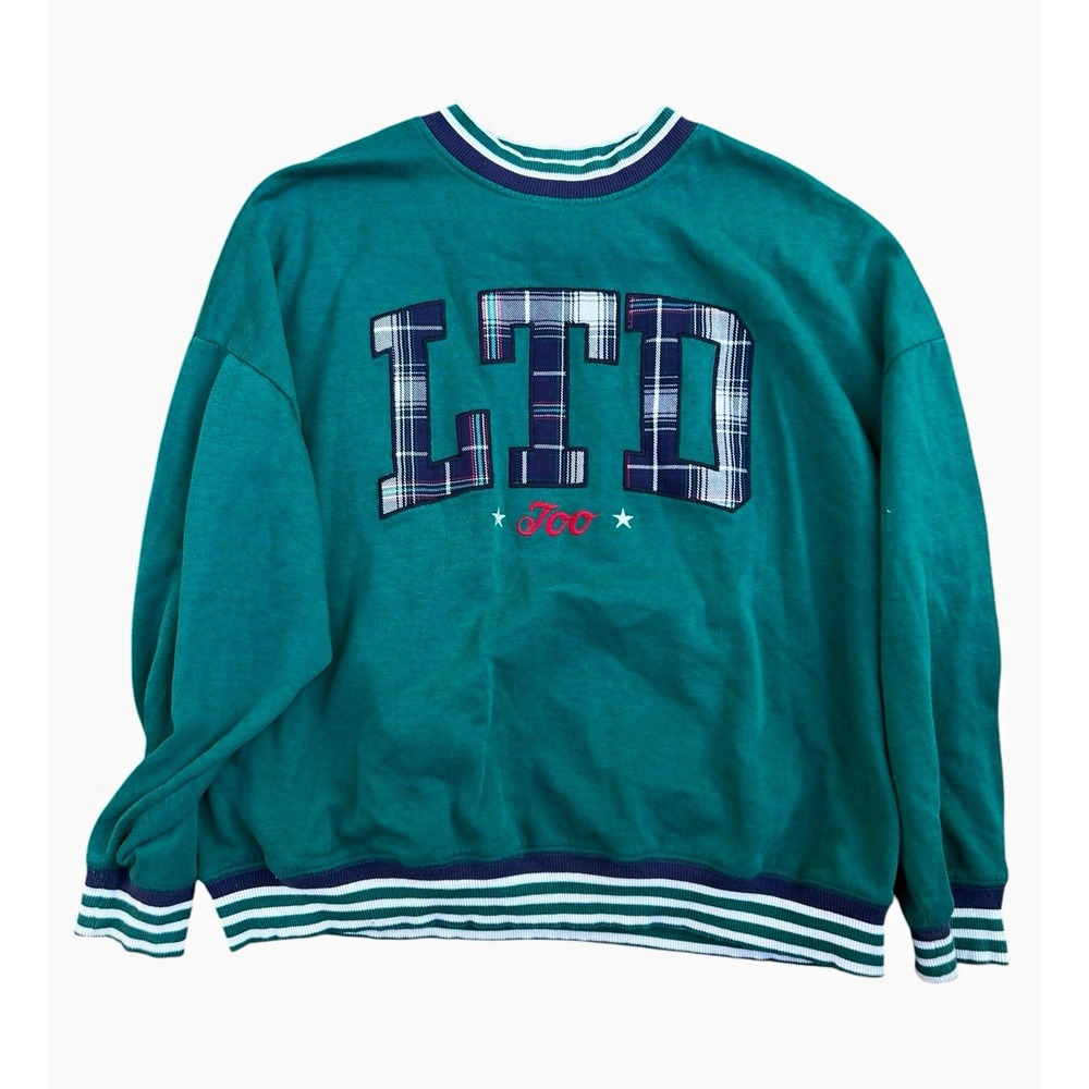 Limited Too Girls XL 16-18 Green Plaid Logo Crewneck Sweatshirt Y2K Adult Small
